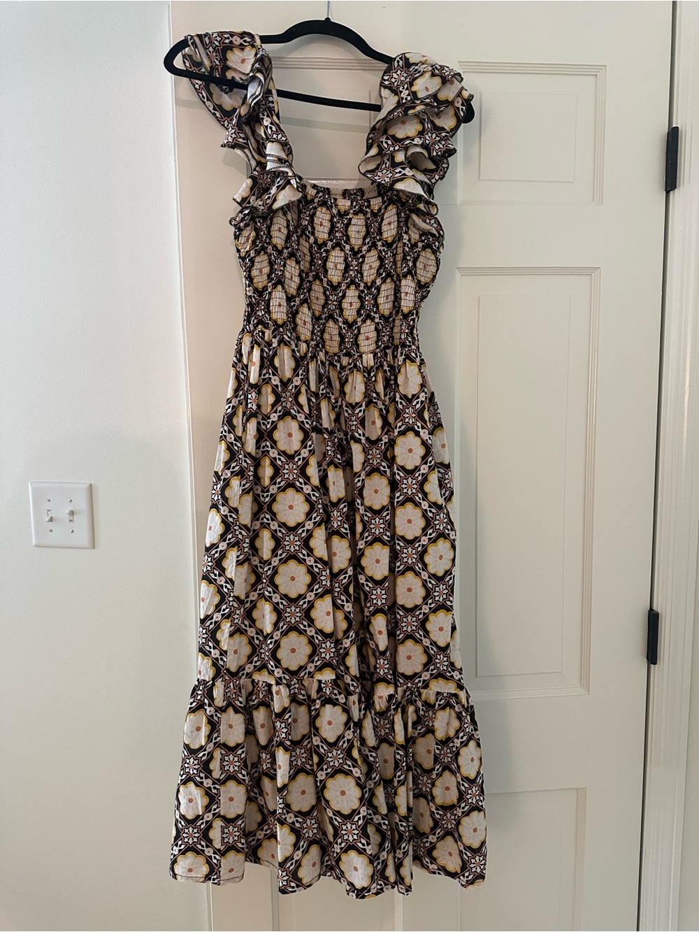 Millie Floral Tile Print Smocked Sundress in Brown and Cream